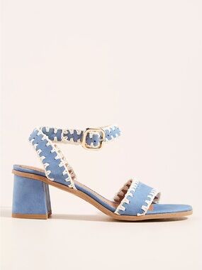 Matiko Light Blue Suede Block Heel Sandals with Cream Whipstitch